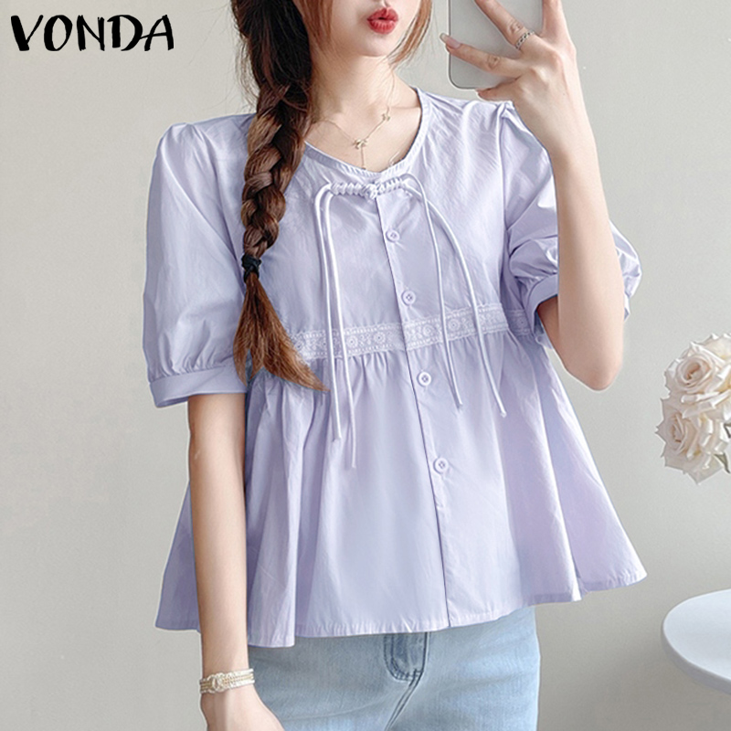 VONDA Womens Gentle Loose A-Line Tops Sweet Style Plate Buckle Lace Splicing Blouse (Korean Causal)