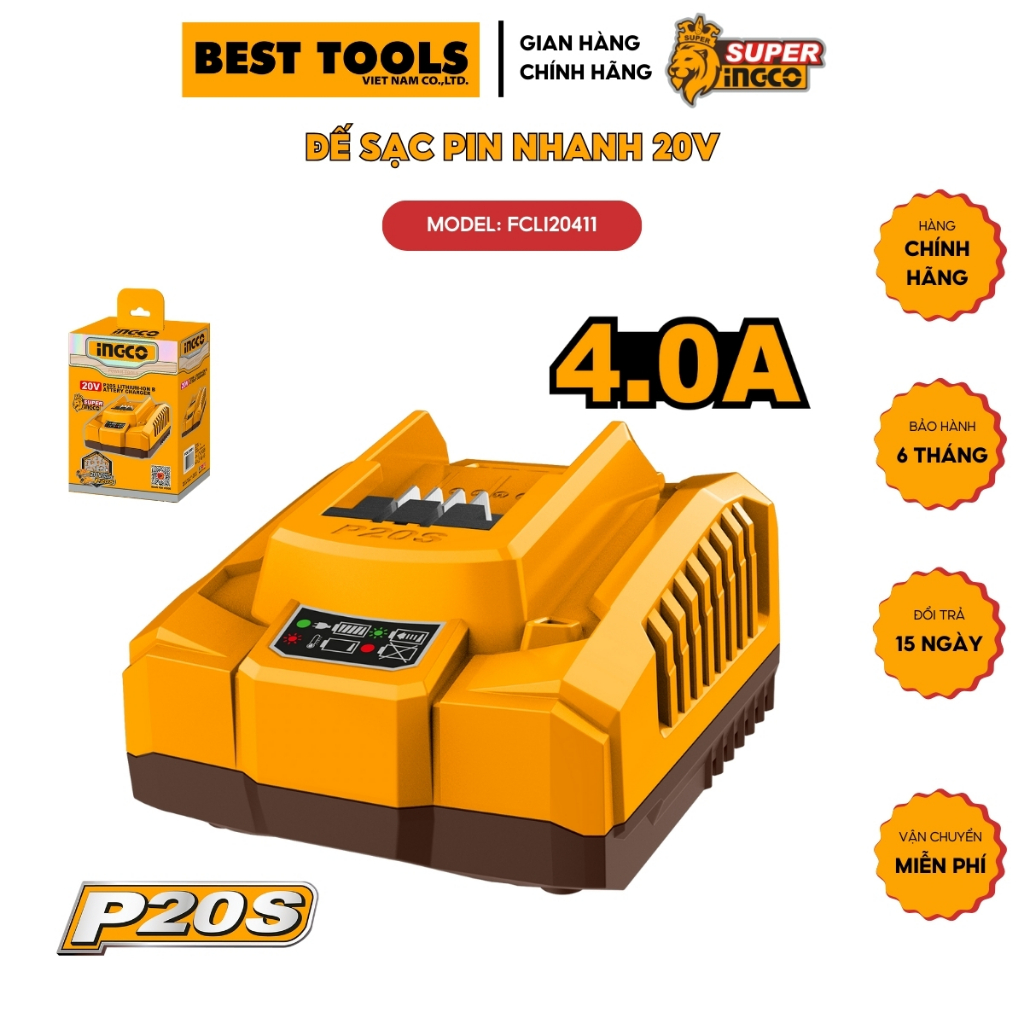 Đế sạc nhanh INGCO FCLI20411 pin 20V sạc thông minh