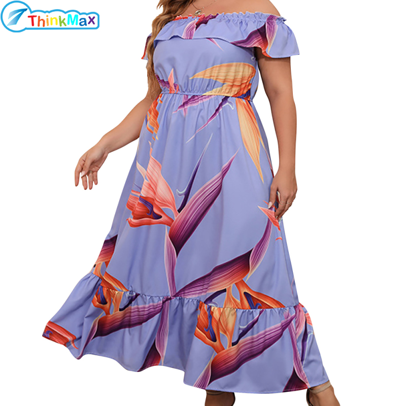 100% Polyester New One-shoulder Print Waist Short-sleeved Purple Dress Women Ruffled Fashion Casual Big Swing Dress ราคา 494 บาท*ส่งฟรี