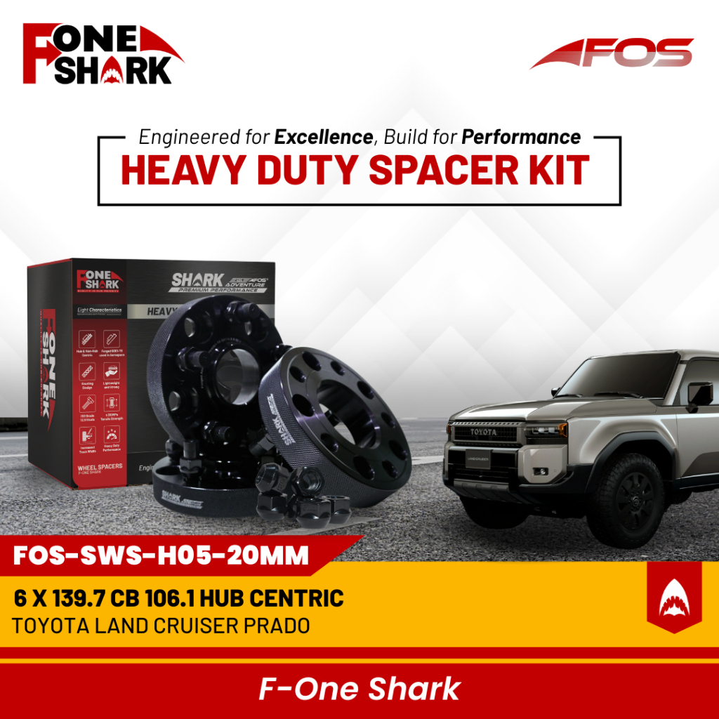 F-one shark FOS heavy duty wheel spacer adaptor Roda Velg Toyota Land Cruiser Landcruiser Prado aluminium alloy T6061 PCD 6x139.7x106.1 hub centric F one shark premium [FOS] Harga 1,200,000 rupiah*Gratis Ongkir
