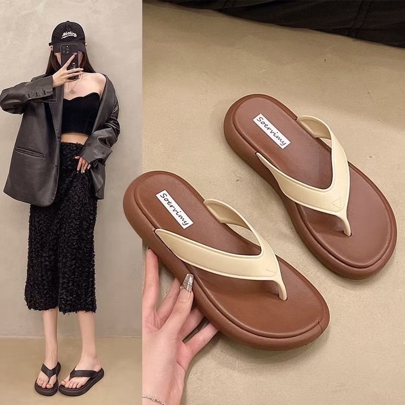 รองเท้าแตะผู้หญิง หูหนีบ PU พื้นนุ่ม ใส่สบาย เสริมสูงนิดๆ แฟชั่นเกาหลี