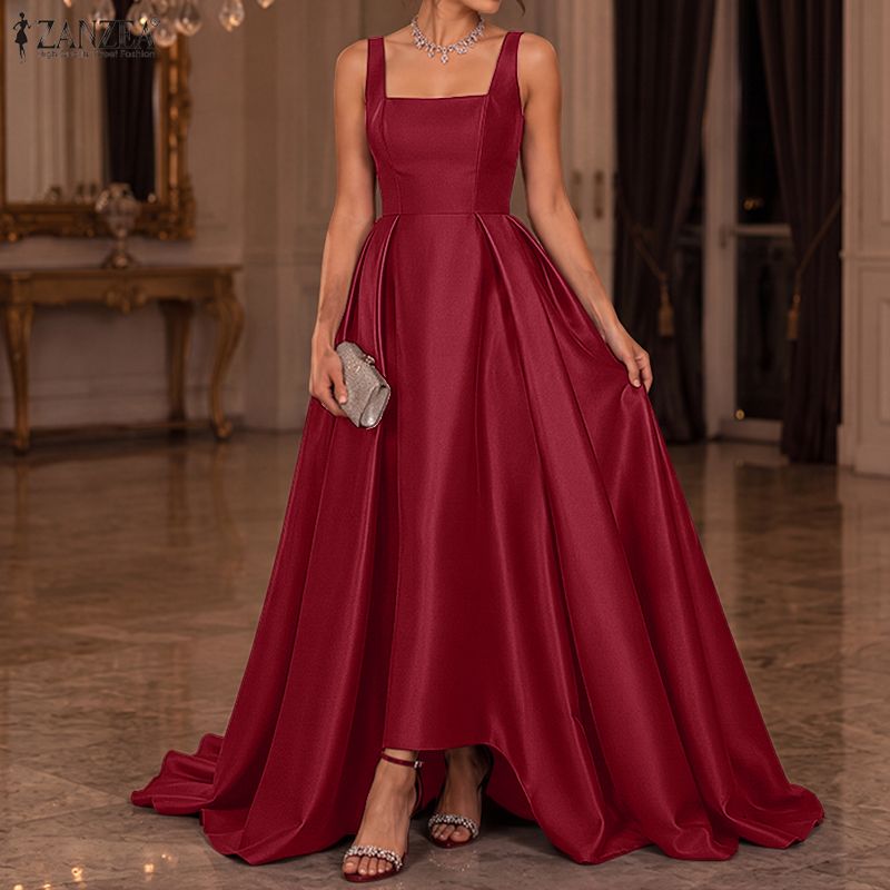ZANZEA Women Elegant Stylish Solid A-Line Square Neck Dresses Sleeveless Stain Party Prom Maxi Dress #0831