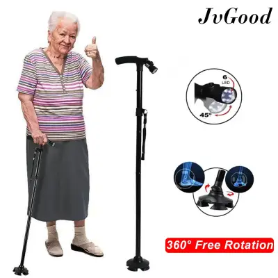 JvGood Walking Stick Folding Cane Crutch With LED Light 5 Adjustable Height Levels With Free Climbing Carabiner