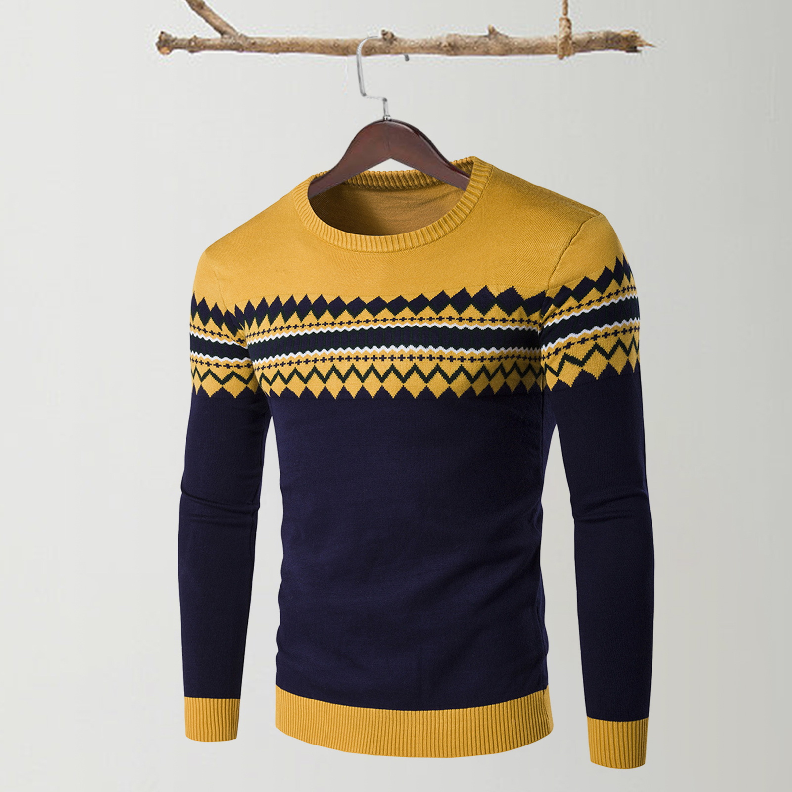 Trendy Round Neck Striped Sweater Men Loose Fit Sweater Men's Winter Sweater Classic Crew Neck Long Sleeve Thick Warm6_voghion.com