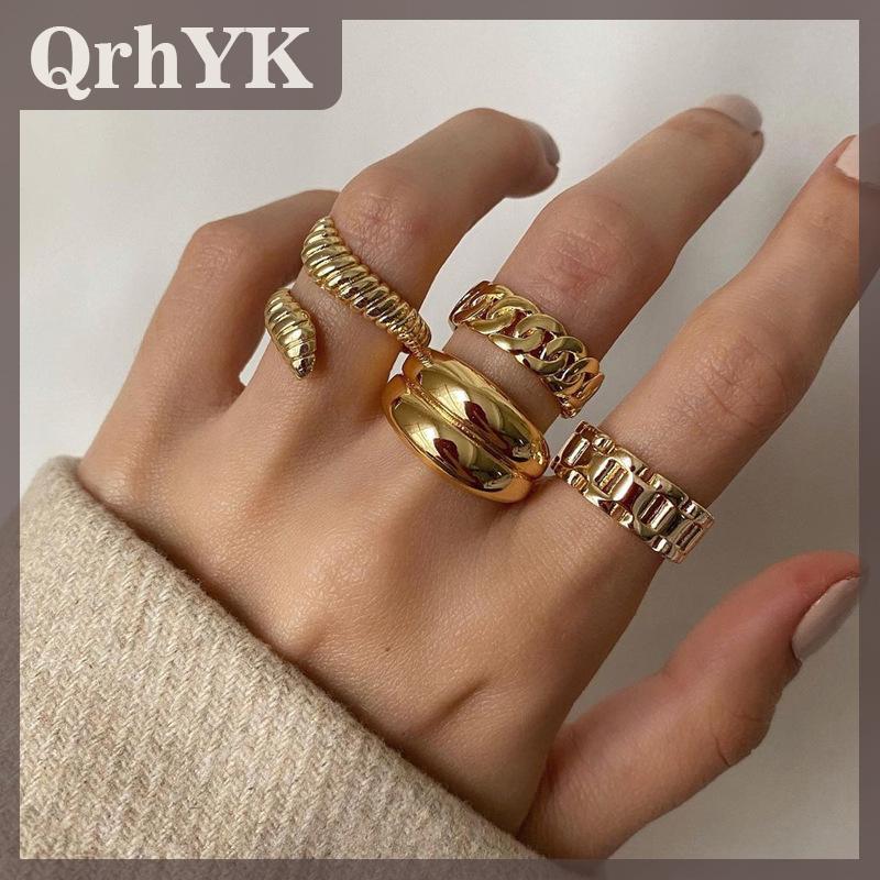 QrhYK 4 cái bộ Punk Kim Loại Vòng Nhẫn Set Vàng Màu Nhẫn Cho Phụ Nữ Thời Trang Ngón Tay Phụ Kiện Đồ Trang Sức Cho Phụ Nữ Nhẫn