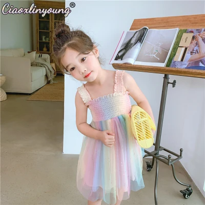 Ciaoxlinyoung New Summer Child Kid Girl Clothes For 3-8 Years Dress Rainbow Mesh Sling Dress Princess Dress Tutu Dress Cotton Sleeveless