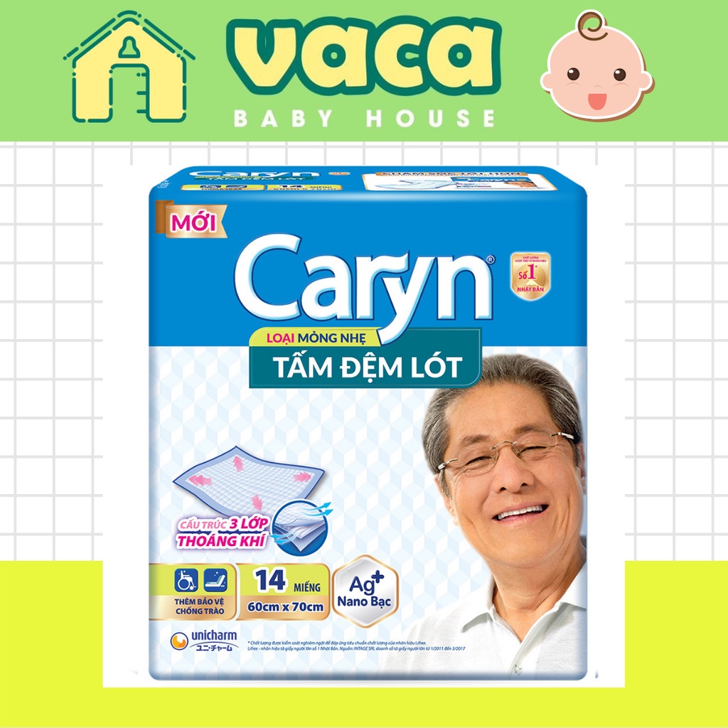 Tấm đệm lót Caryn 14 miếng người già, tấm lót người lớn Caryn siêu thấm , khô thoáng, 3 lớp thoáng khí chống hăm size to 60x70cm gói 14 miếng