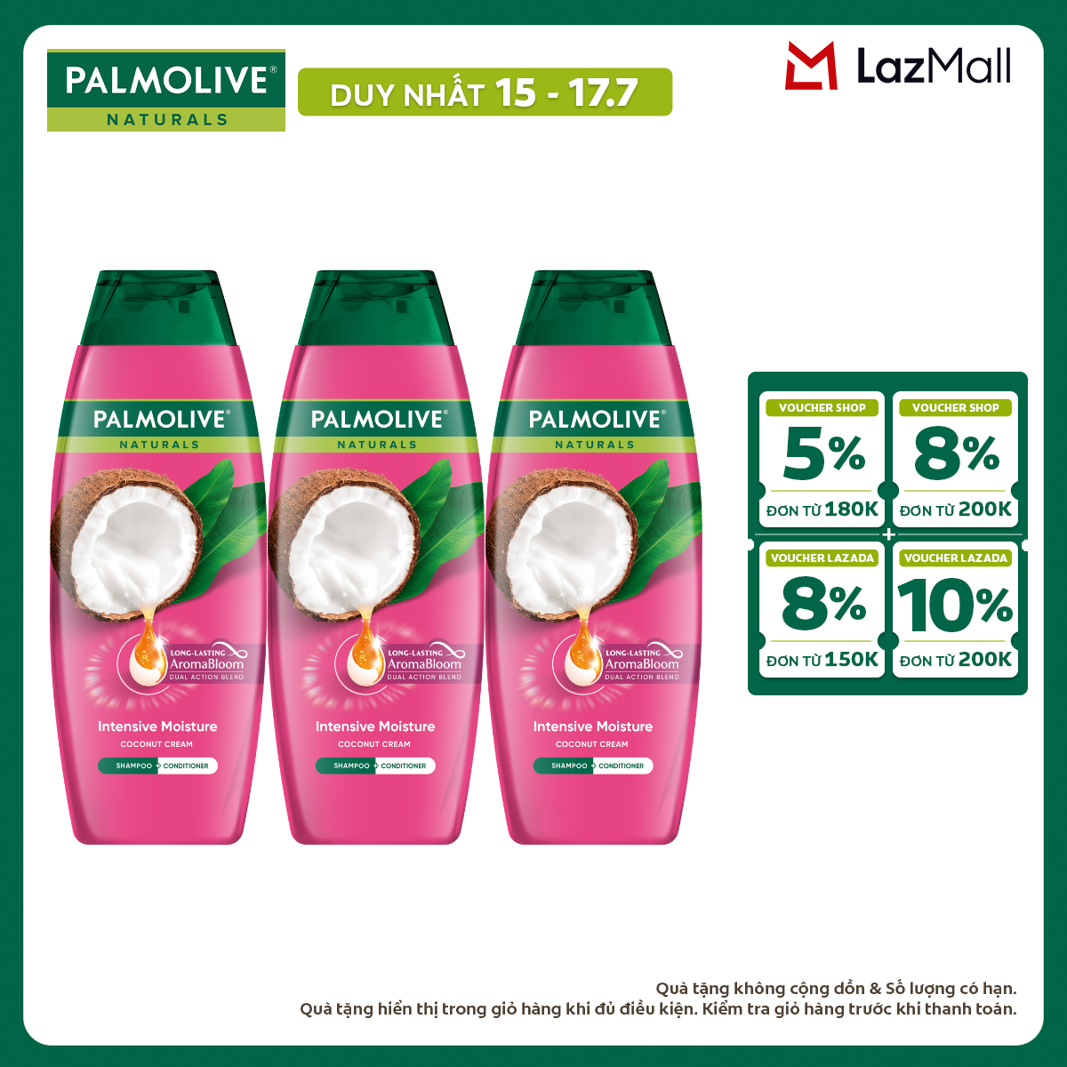 [Chỉ 15-17.7_X2 Voucher giảm đến 18%] Bộ 3 Dầu gội Palmolive kèm xả 2-trong-1 chiết xuất thiên nhiên 180ml/chai