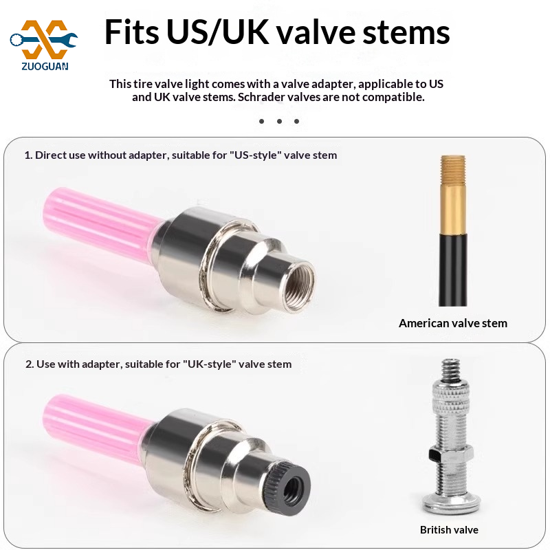 ZUOGUAN Bike Valve Light with Adapter for Presta and Schrader Valves - Flashing Tire Light for Night Riding Safety ราคา 21 บาท*ส่งฟรี