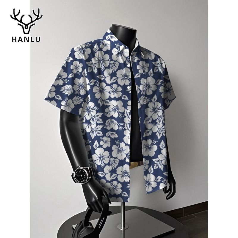 Hanlu Men's short sleeve shirt fashion Hawaiian flower shirt casual loose blue shirt - ยี่ห้อ Hanlu ราคา 153 บาท*ส่งฟรี