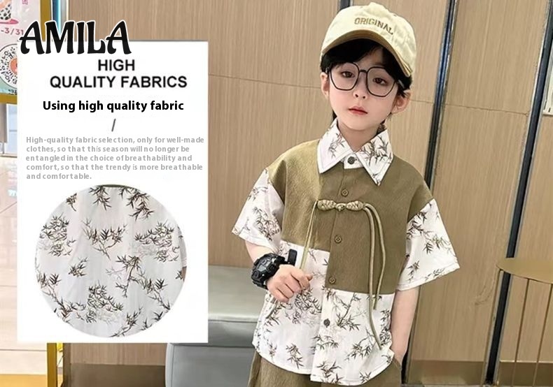 AMILA Children's Suit, Boy's Chinese Fashion Short-Sleeved Suit, Button-down Color Matching Shirt and Shorts Two-Piece Suit, Soft, Comfortable and Cool ราคา 303 บาท*ส่งฟรี
