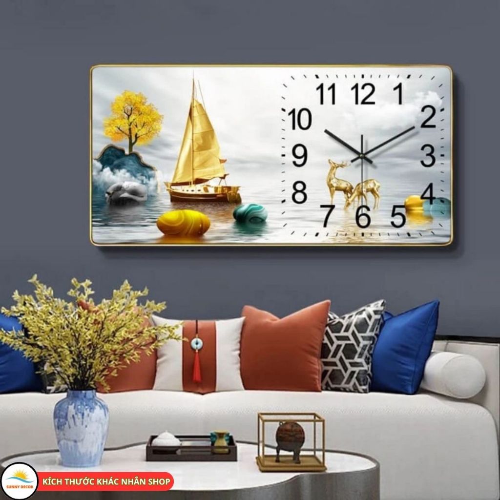 Đồng hồ Treo tường Phòng Khách Phong Thuỷ Tráng gương Decor Tranh Thuận buồm xuôi gió mã đá làm quà Tặng tân gia