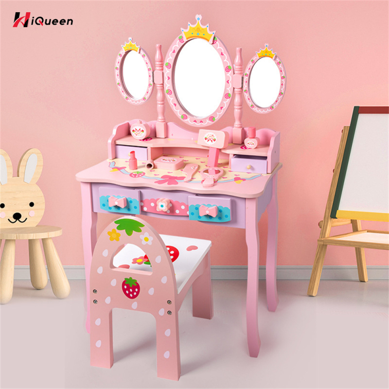 Kids Vanity Set With Mirror, Pretend Play Makeup Table And Chair Set With Makeup Accessories & Hair Dryer, Wooden Princess Vanity Toys For Girls Gifts ราคา 11,584 บาท*ส่งฟรี