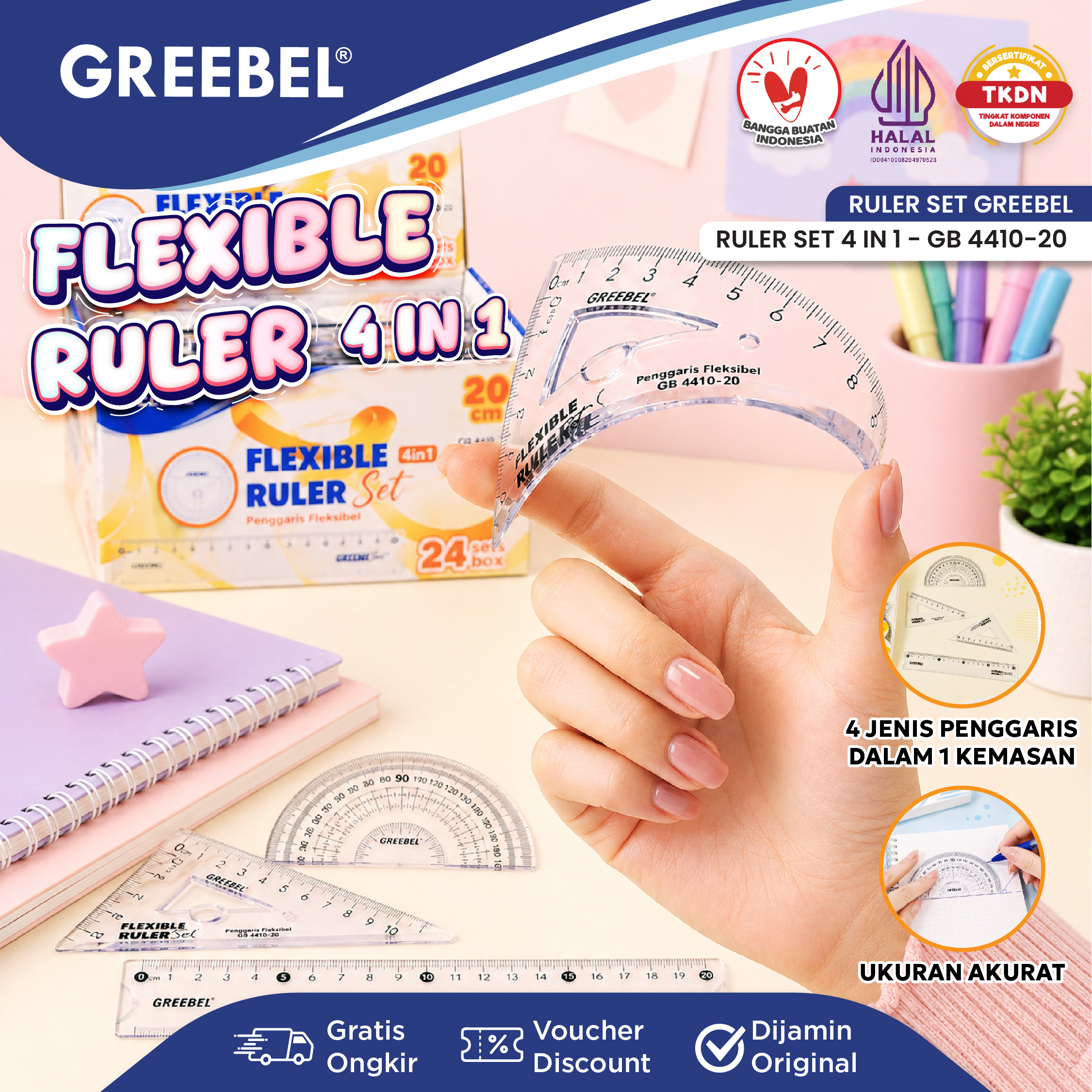 GREEBEL Penggaris Flexibel Set 4 IN 1 (4410-20) Penggaris Lurus 20CM Segitiga Busur - Ruler Set Lentur 4410-20