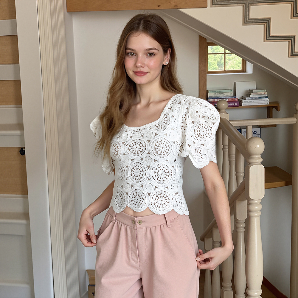 Closet Crush เสื้อถัก คอเหลี่ยม แขนสั้น สีขาว ราคา 280 บาท*ส่งฟรี