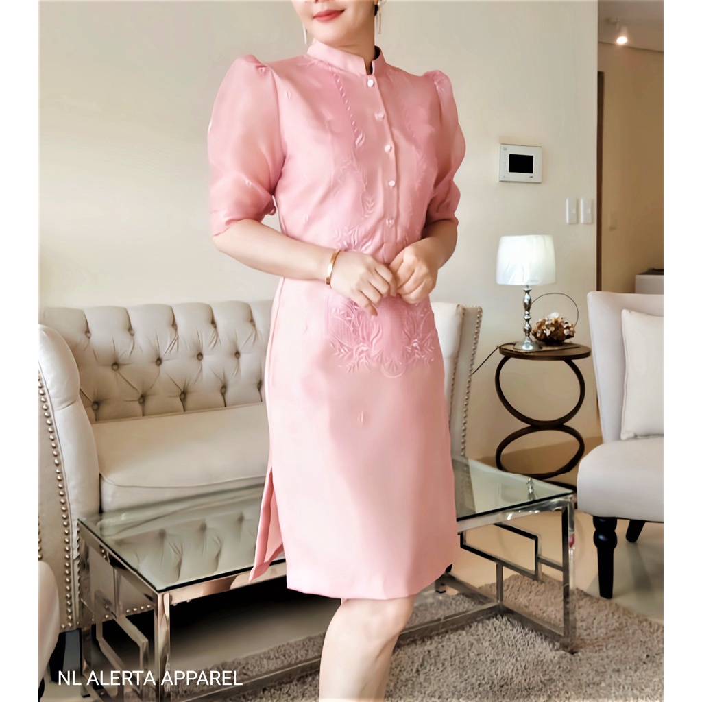 barong dress for woman Women's Short Sleeves Turtle Neck L / Organza / Dress The mestiza sleeves add a touch of sophistication Tucked in a long skirt