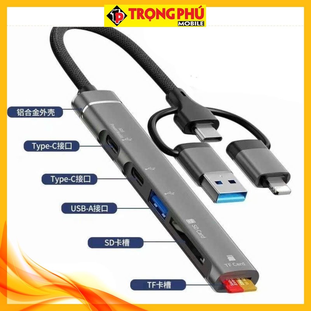 Cáp chuyển 3in1 3 đầu USB,TypeC,Lighting ra 5 cổng (USB,2TypeC,SD, TF) CH3 Hot