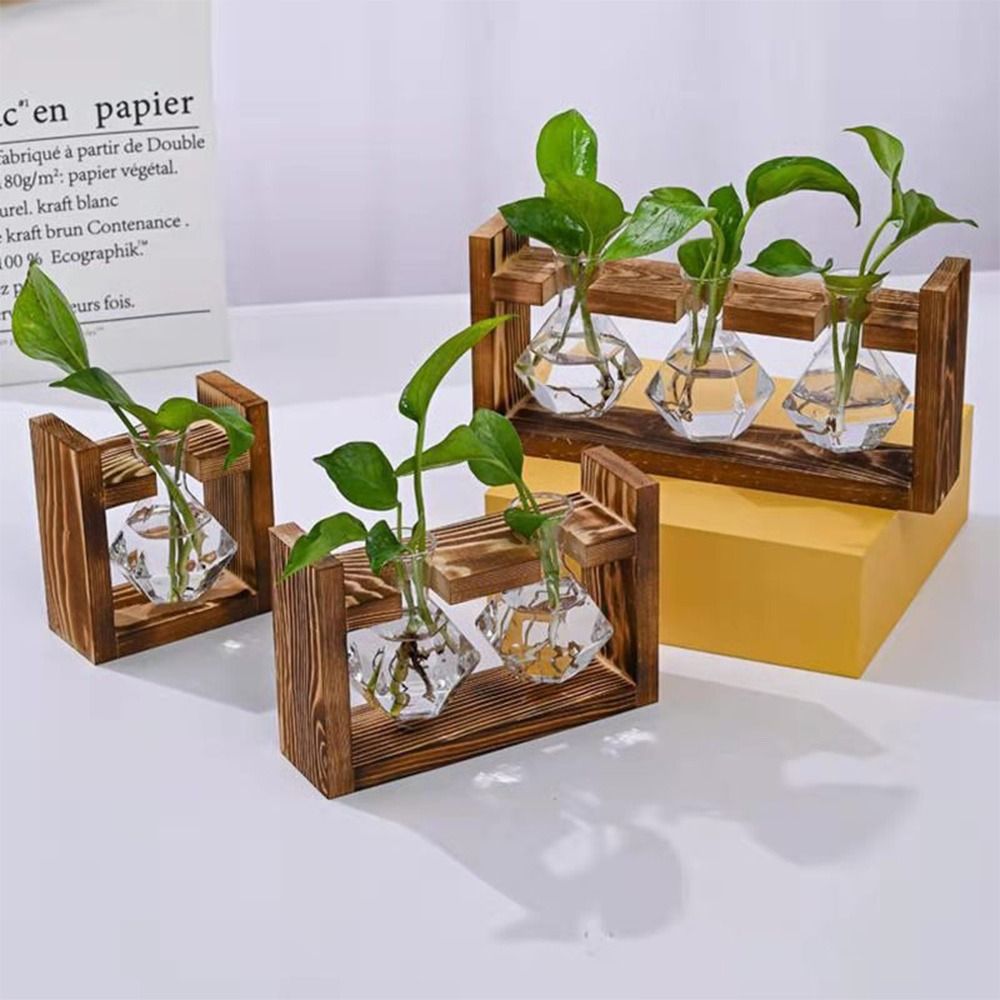 MILITI Trang trí cây cảnh Bình trồng cây thủy canh Trong suốt Khung gỗ Bình hoa thủy tinh Sáng Tạo Hộp cắm hoa Trang trí nhà cửa