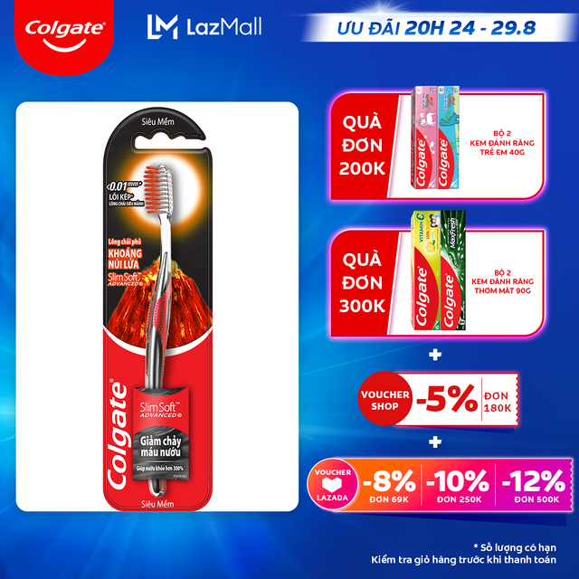 [Ưu đãi 20H 24.8 - 29.8_Áp voucher Colgate 5% + voucher LZD 8%]Bàn chải Colgate SlimSoft Advanced ngăn chảy máu nướu từ khoáng núi lửa siêu mềm mảnh