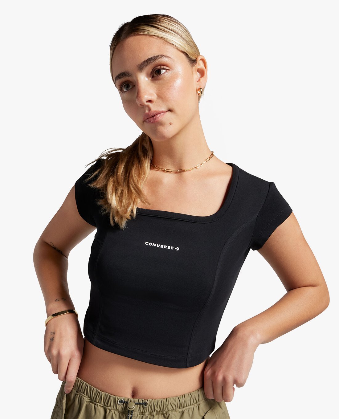 [DEAL BLACK FRIDAY UP TO 50%++] CONVERSE - Áo croptop nữ cổ vuông tay ngắn Wordmark Corset 10026506-A01-005