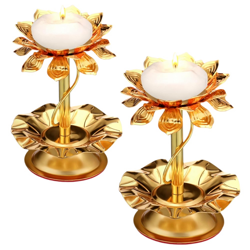 For Diwali Pooja Decorations 2 Pcs Metal Diya Lotus Candle Holders for Diwali Ghee Lamp CandlesNew Y