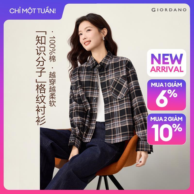GIORDANO Women Shirts 100% Cotton Flannel Plaid Shirts Single Pocket Long Sleeve Fashionable Casual Relaxed Shirts 05346872