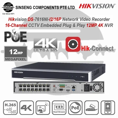 Hikvision 16CH NVR DS-7616NI-I2/16P 4K Network Video Recorder 16-Channel CCTV Embedded Plug & Play 12MP 4K NVR with 2 SATA Interface