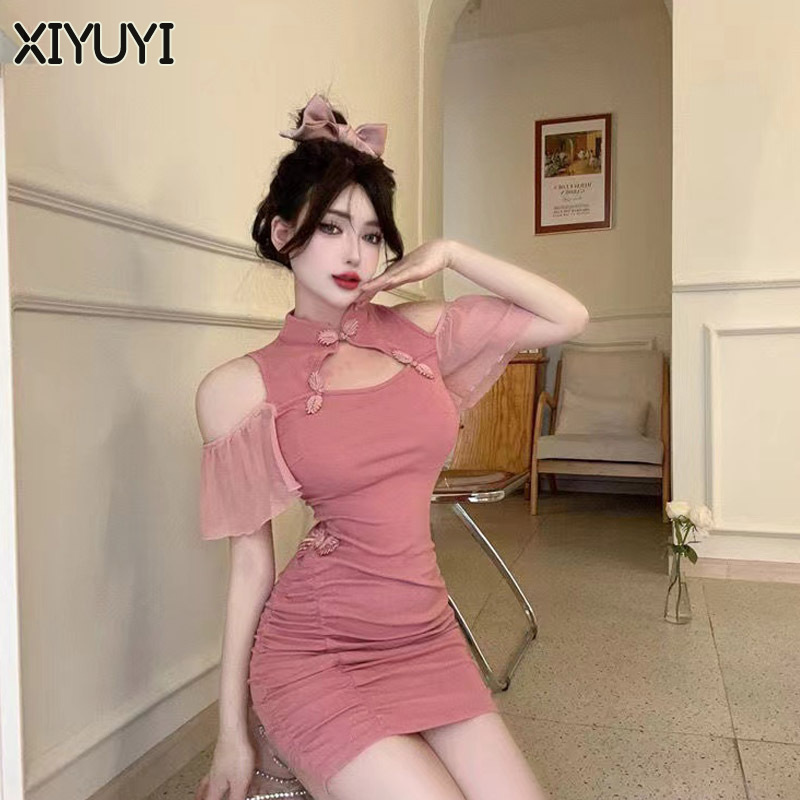 Xiyuyi váy xòe hở vai xòe váy sườn xám