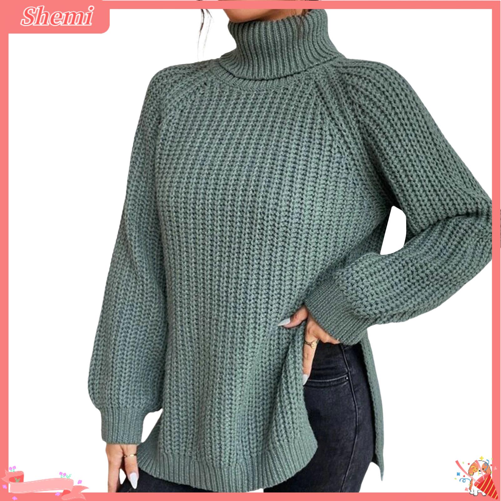 Shemi Cao Cổ Raglan Dài Tay Áo Xẻ Bên Hông Hem Áo len nữ màu trơn mùa đông dáng rộng ấm áp Áo Len Jumper áo len mùa đông Gân