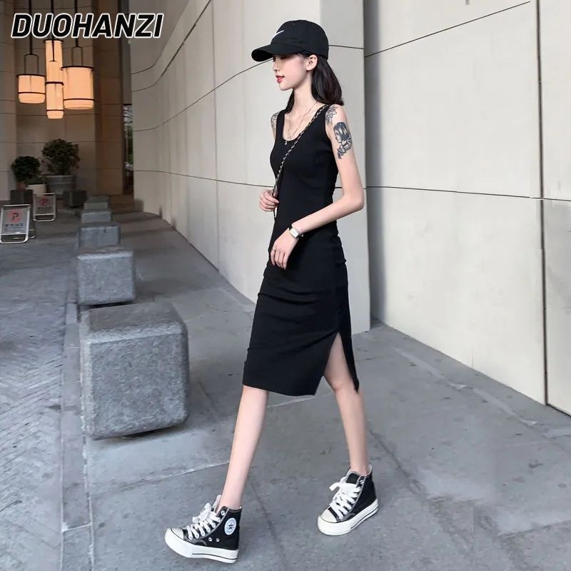 Duohanzi váy yếm đen cho nữ, váy vest, chân váy dài với váy nhỏ màu đen xẻ