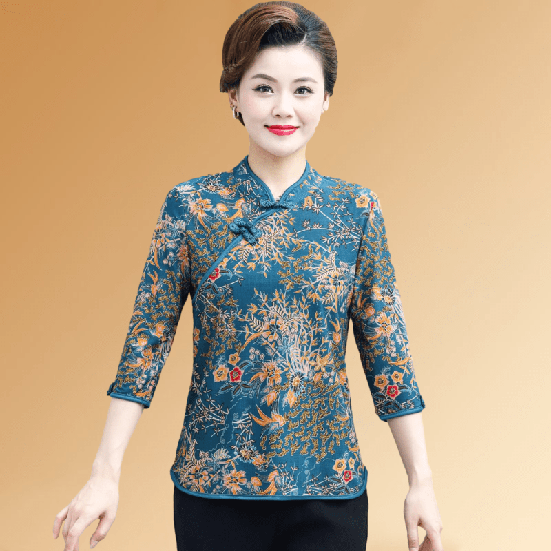 Áo thun 3/4 tay kiểu Trung Quốc cho nữ 2024 cổ điển phong cách Trung Quốc mới quần đùi thời trang Áo trung niên và cao tuổi