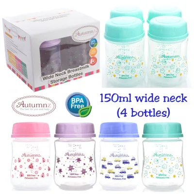 Autumnz WIDE neck Breast milk breastmilk storage Bottles - BPA free 100% food grade PP material compatible with Avent Spectra breast pump (4 bottles 150ml/5oz)