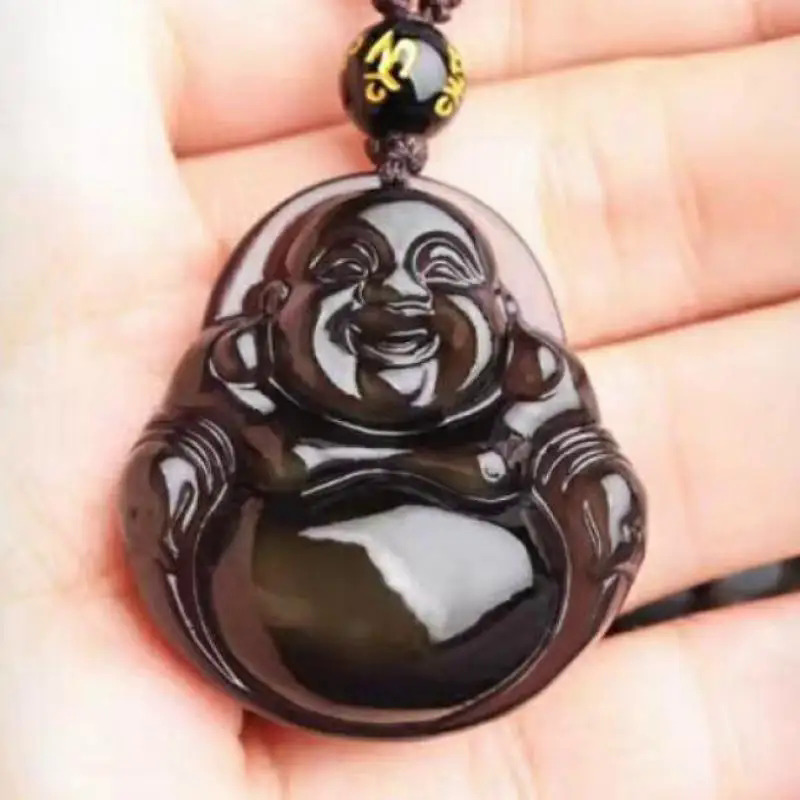Đá tự nhiên Obsidian Phật jades Mặt dây chuyền phụ nữ người đàn ông chữa bệnh đồ trang sức Ngọc bích màu Đen Đá Vòng cổ charm amulet Quà Tặng