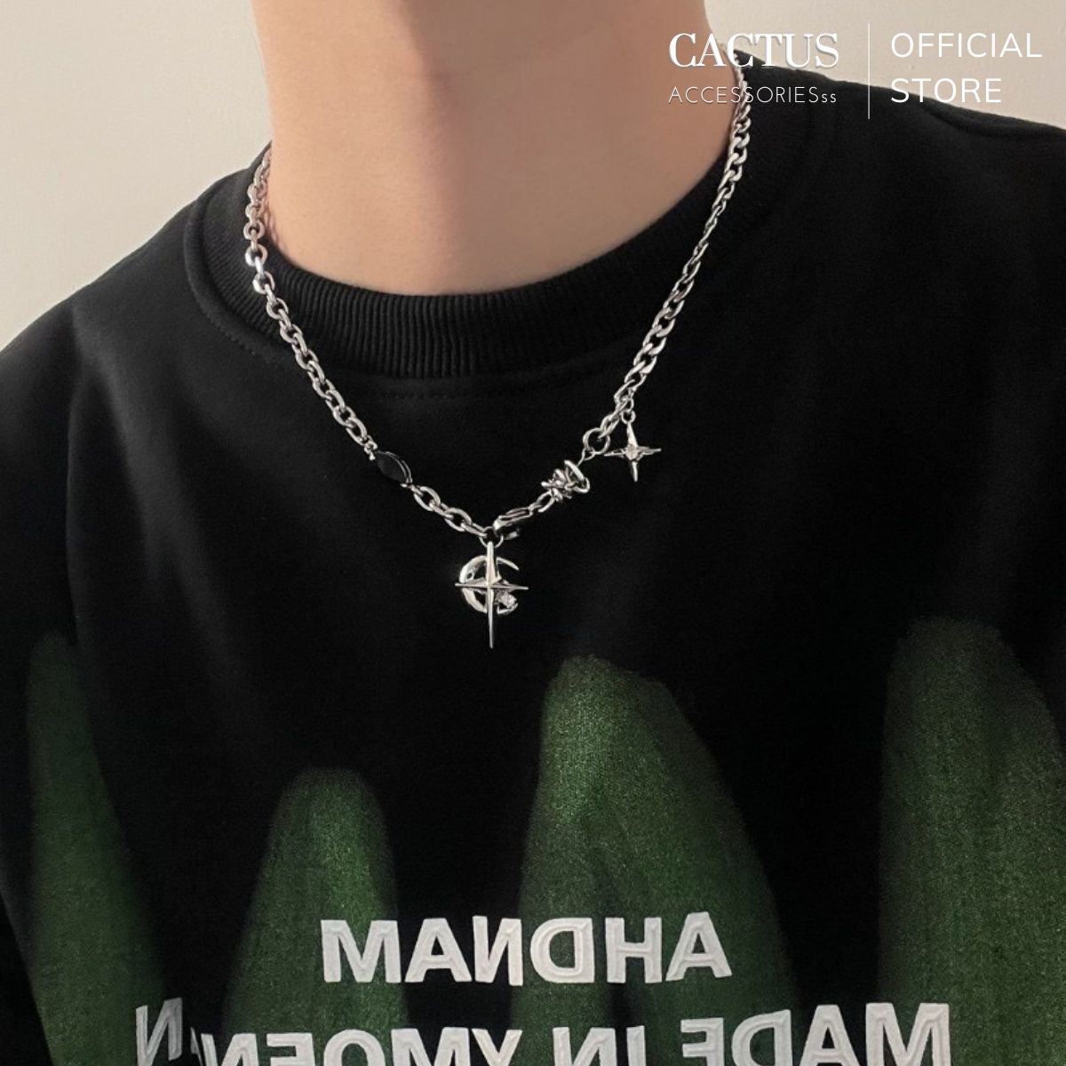 Dây chuyền mặt trăng ngôi sao đính đá thiết kế unisex, thép titan không gỉ - Cactus Accessoriess