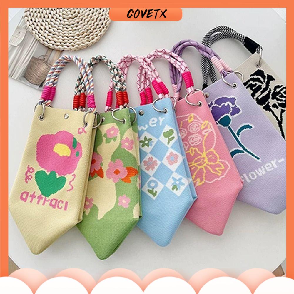 COVETX Làm thủ công Túi xách dệt  Phim hoạt hình Dung lượng lớn Túi đeo vai Thời trang Khóa vòng dệt Túi Tote dành cho phụ nữ và thiếu nữ