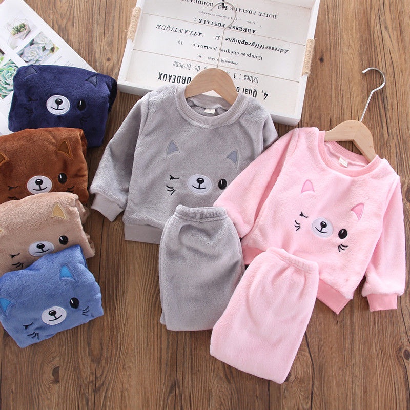 Bộ Đồ Mặc Nhà Bằng Flannel Dày Dặn Cho Bé Yêu Đồ Ngủ Lông Cừu San Hô Trẻ Em Mùa Thu Đông Bé Trai Bé Gái Bé Gái
