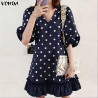 VONDA ชุดเดรสแขน3/4คอวีสำหรับผู้หญิงแฟชั่นวันหยุดสไตล์เกาหลีเดรสขอบลายจุดตกแต่งด้วยระบาย #1124