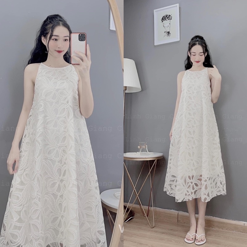 Đầm maxi đẹp màu trắng cổ yếm  mẫu mới   Giá chỉ 450k