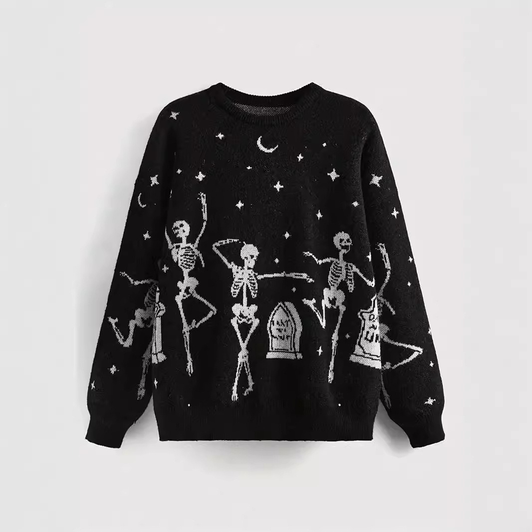 ASRV áo khoác mùa đông áo sweater áo len mùa đông Áo len nam Halloween in hình đầu lâu đen áo thun á