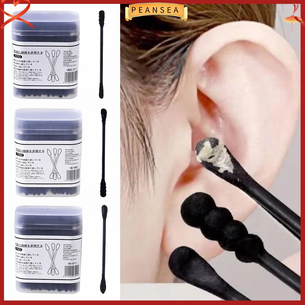 PEANSEA 100Pcs Hai đầu Tăm bông dùng một lần Hình dạng xoắn ốc Đen Tăm bông vệ sinh  Mềm mại Tăm bông Dụng cụ chăm sóc da đẹp