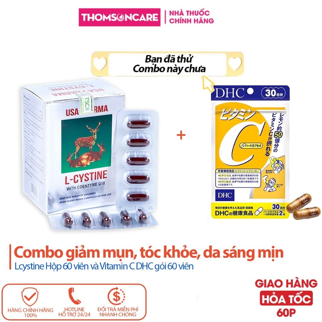 Combo trắng da Lcystine DHC Vitamin C giúp đẹp da giảm rụng tóc - Bổ sung vitamin c Coenzym Q10 l cr