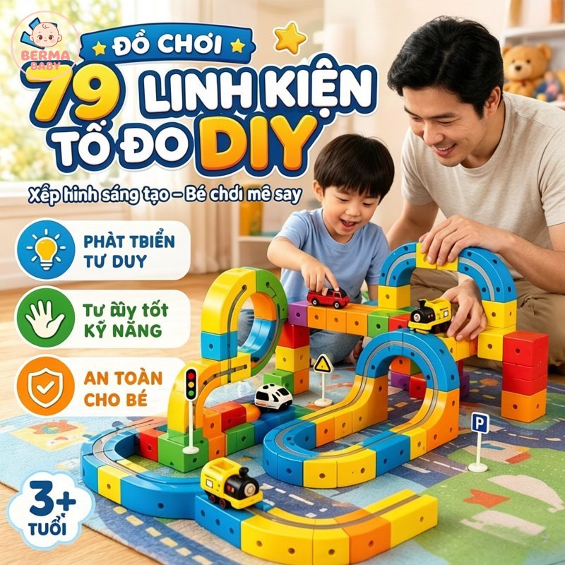 BERMA BABY đồ chơi lắp ráp đường ray tàu hỏa xe lửa nhựa abs không bpa an toàn bo góc phát triển tư duy quà tặng bé