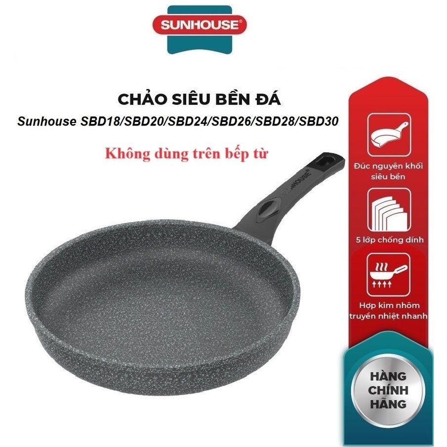 Chảo Đá Chống Dính KHÔNG TỪ SUNHOUSE Size 18 tới 30cm SBD18,SBD20,SBD24,SBD26,SBD28,SBD30