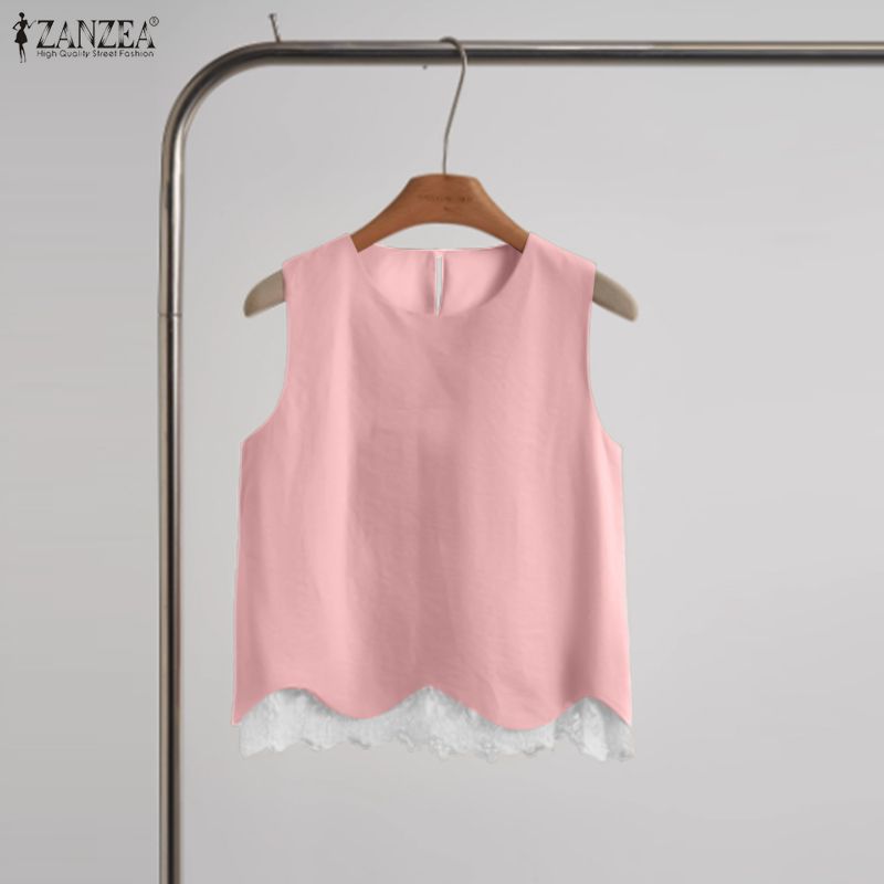 Celmia ZANZEA phụ nữ nữ kết cấu nữ tính may ren Tank không tay Vòng cổ giải trí Áo ghi lê #1020
