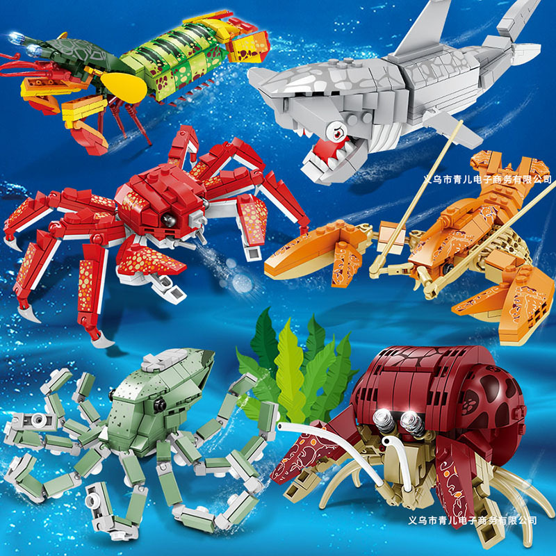Kazi 80045 Sea World King Crab Lobster Octopus Shark Assembly Model Children Assembling Building Blocks Toy