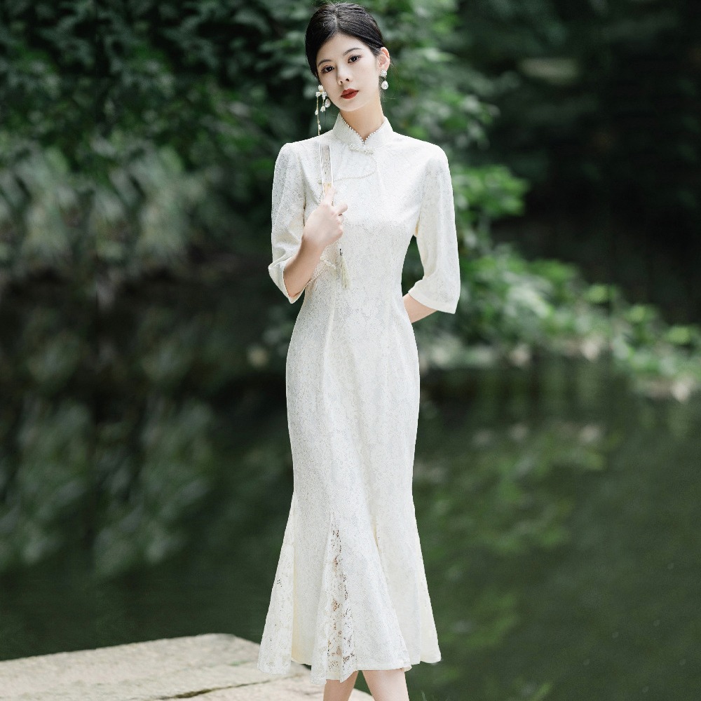 DIFFERENT Qipao Đầm sườn xám Trung Quốc Cổ áo đứng Ren Đầm xẻ mỏng truyền thống Váy Truyền Thống Trung Quốc Eleganti Đầm đuôi cá kiểu Trung Quốc Quần Áo Nữ
