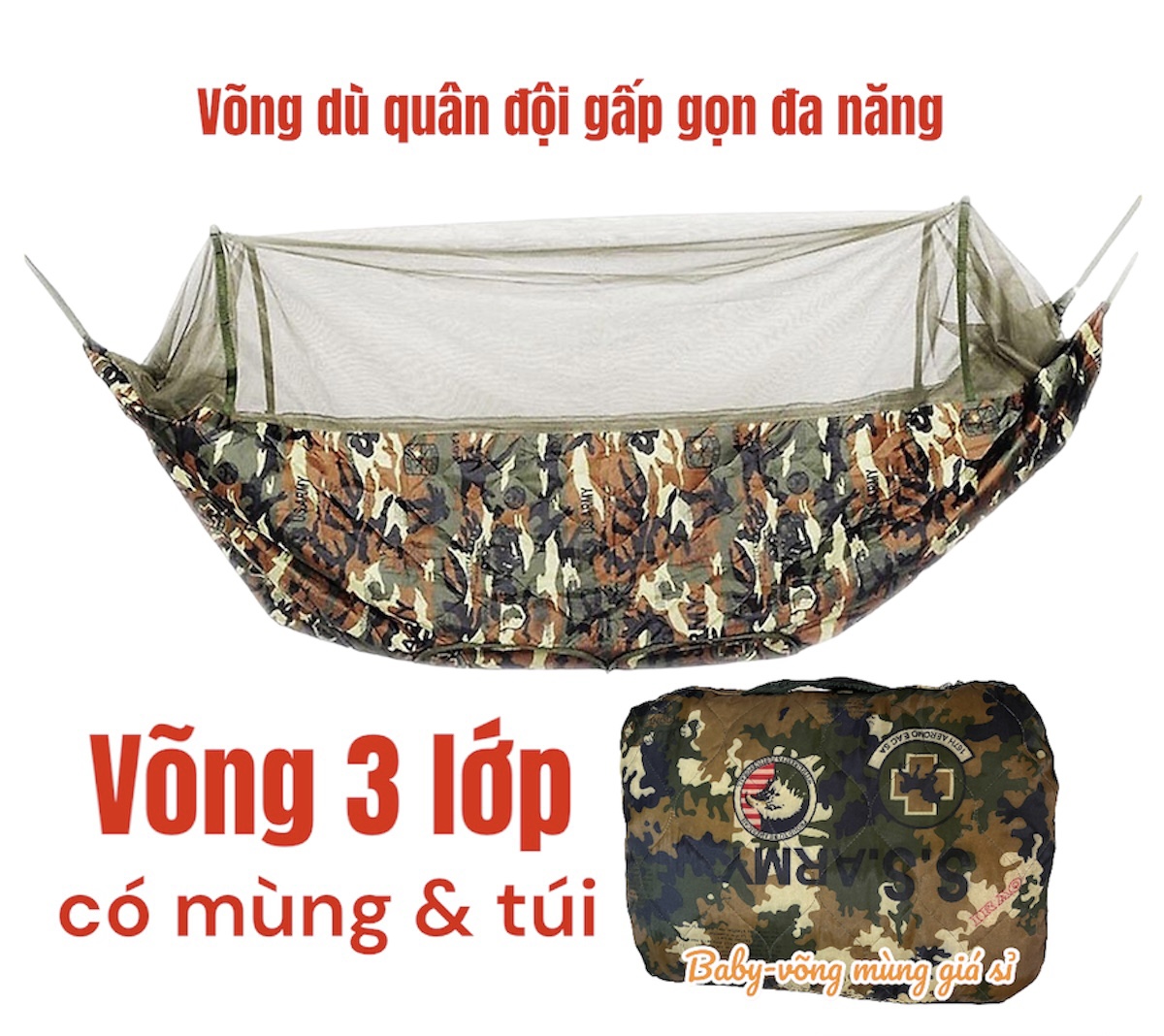 Võng Quân Đội Du Lịch Kèm Mùng, Võng Mùng Quân Đội Xếp Gọn Vải Dù Võng mùng đa chức năng ,Võng mùng chống muỗi, Võng chống muỗi tự động,3 lớp ,vài dù chắc chắn, gọn tiện dụng Lotus GolDen_Mall