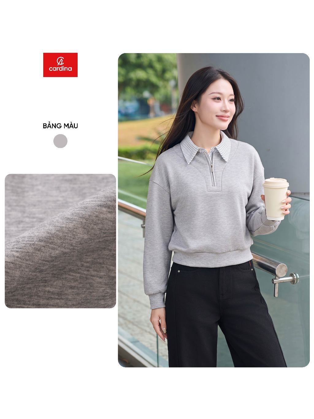 Áo kiểu nữ CARDINA dài tay chất liệu umi phối cổ sơ mi  6ANF04