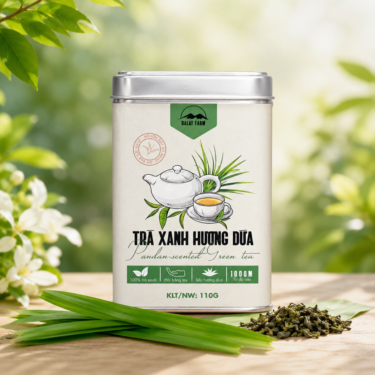Trà Xanh Hương Dứa DalatFarm 110g Hộp Thiếc | Trà Xanh Sâm Dứa Cầu Đất Thơm Dịu Dễ Pha