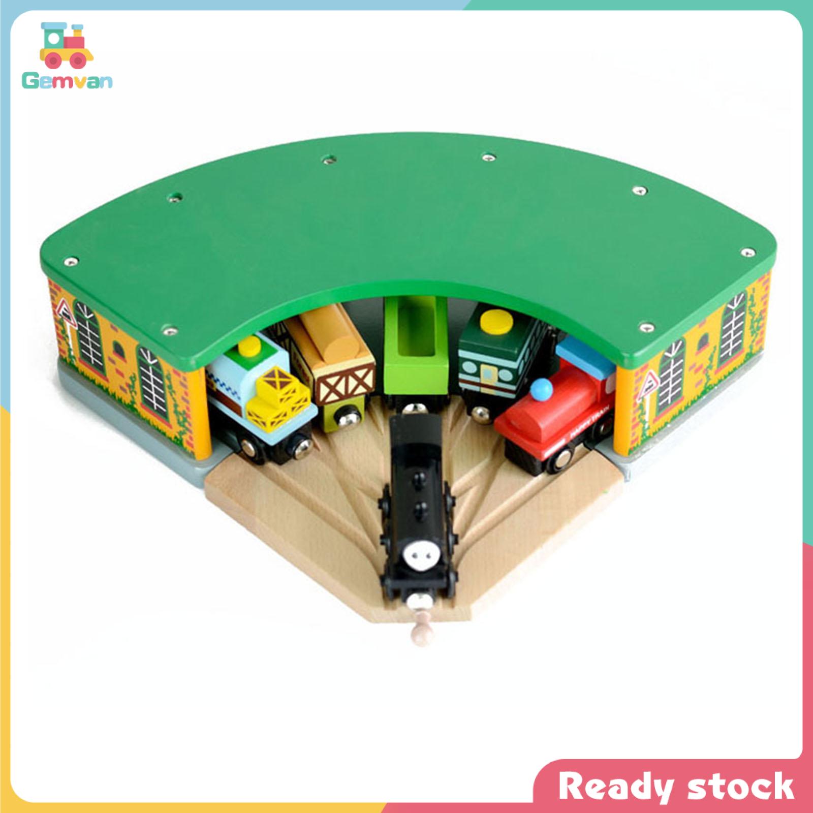 Gemvan Wooden Train Round House with 5 Ways Switch Tracks for Kids Child Preschool